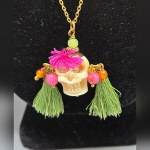 Memento Mori Carved Bone Skull on A Gold Tone Chain